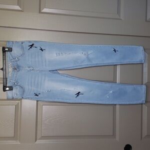 Enjean Light wash embroidery bird stretch distressed skinny high rise jeans 11
